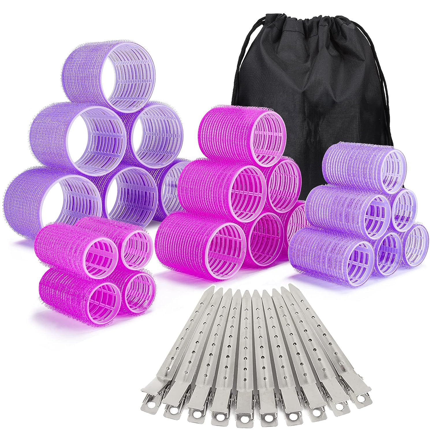 33 Pcs Hair Rollers set, Self Grip Hair Rollers for Long Medium Short Hair, Jumbo Large medium Hair Curlers （22 Velcro Rollers + 10 Stainless steel Clip +1 Storage Bag）